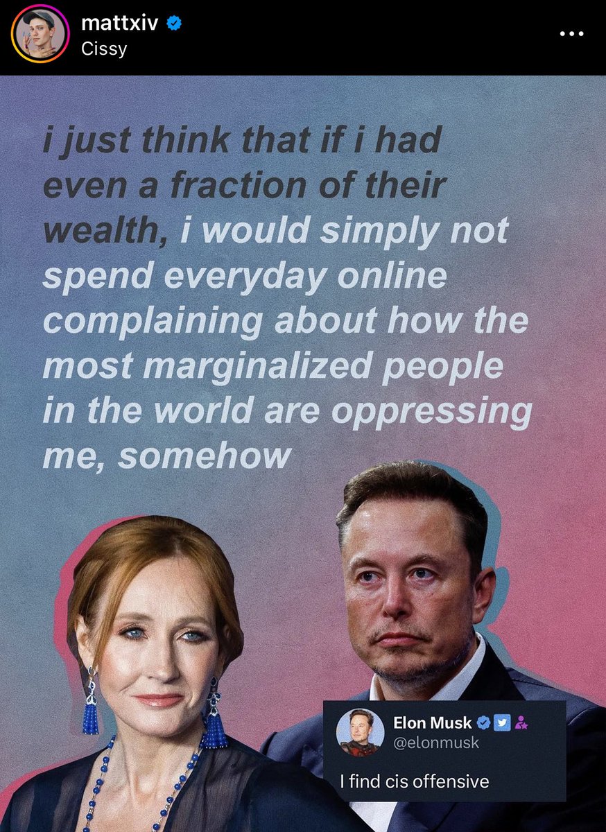 I’m officially deleting twitter bc cisgender Elon musk and terf J.K Rowling make this platform unbearable with their despicable rhetoric during PRIDE MONTH, a month celebrating queer liberation and love. Billions of dollars and all they can do is bully queer kids online #cissy