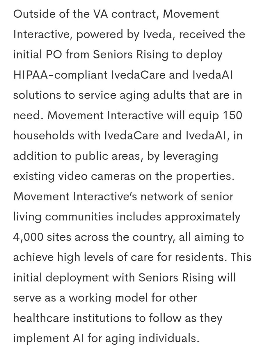 RadosevichKyle's tweet photo. $IVDA
I don't think people read the last paragraph of the PR. This is BIG. 4000+ sites that Movement Interactive are involved with, and aim to utilize IvedaCare and IvedaAI after the initial 150 household and Public area deployment. 💎💎💎 https://t.co/PO27MGljvd