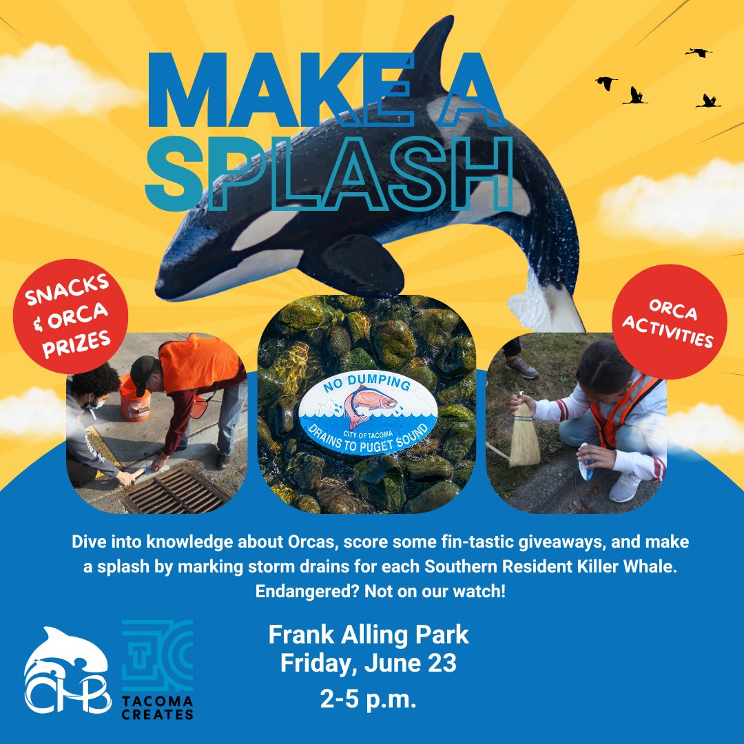 chb_tacoma's tweet photo. Ocean heroes, unite! 🌊 #OrcaActionMonth is here. Join us THIS Friday from 2-5 to dive deep into Orca knowledge, snag some fin-tastic giveaways, and mark storm drains for our endangered pals? Let's make a splash for our Southern Resident friends. 🐳 https://t.co/m33KpSrHcS https://t.co/LiM1yOOfMs