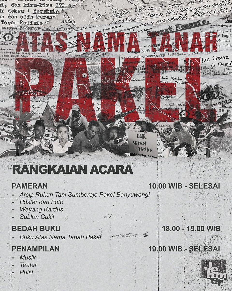 puputanpakel's tweet photo. [Bedah Buku &amp; Pameran Arsip]
Atas Nama Tanah Pakel

Jember, 24 Juni 2023

#AtasNamaTanahPakel
#RebutKembaliPakel https://t.co/CJUa0fwYuK