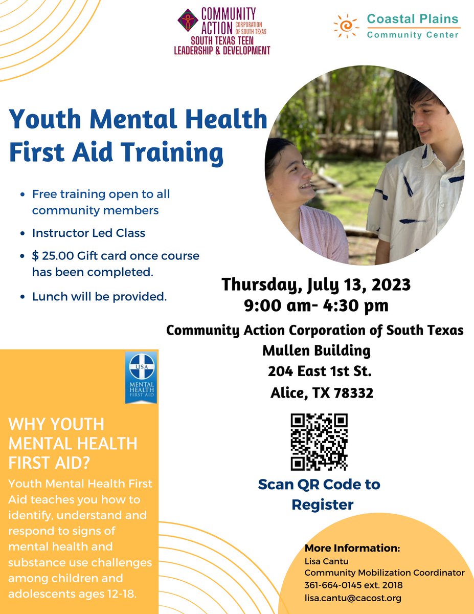 TeenChatCACOST's tweet photo. Join us for this great opportunity to receive FREE Youth Mental Health First Aid training.
The course teaches participants the risk factors and warning signs of a variety of mental health challenges common among adolescents. https://t.co/hy1LNP6FqG