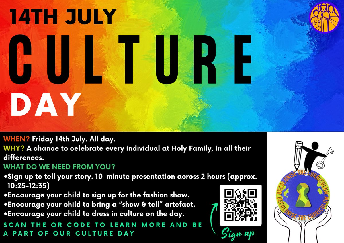 SAVE THE DATE!
We're excited to have our inaugural #CultureDay on Friday 14th July.

We're looking forward to having families involved in the day by sharing their stories.

Click the link to sign up to share your story! bit.ly/3qSMynV

#celebrateculture #embracediversity