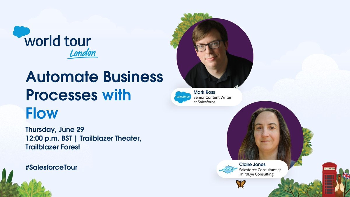Exactly a week today is #SalesforceTour London - are you coming? 
Join us at 12 noon in the Trailblazer Theatre for 
🤖 Automate Business Processes with Flow🤖 
We'll tell you why you should automate, show you how to get started, and build a flow live!
#AwesomeAdmins <a href="/markross__c/">Mark Ross (This account is no longer being used)</a>
