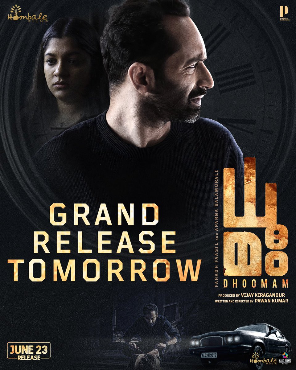 Wishing all the best for our director @pawanfilms, #FahadhFaasil garu, #VijayKiragandur garu and whole team of Dhoomam for thier grand release tomorrow ❤️‍🔥 Wishing blockbuster success Pan India wide 💥 @hombalefilms @Aparnabala2 @DhoomamFilm