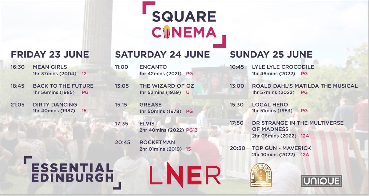 Cinema outside for FREE? 24 hours till showtime #Edinburgh! Grab your family, friends, & loved ones for an outdoor movie marathon like no other in St Andrew Square Garden with @EssentialEdin, @Pilgrimsgin, LNER and @UniqueEventsltd 🎬 squarecinema.co.uk