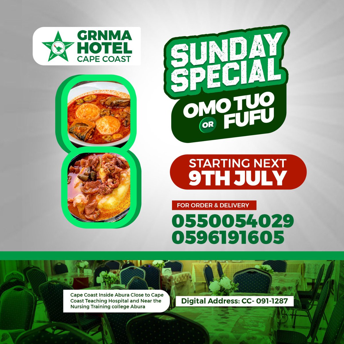 Starting from Sunday 9th July, 2023, GRNMA Hotel Cape Coast will start serving you with delicious Omo Tuo and Fufu special. 

Stay tuned...........

#GRNMAHotelCapeCoast
#SundaySpecial
#SpecialOmotuo
#SpecialFufu
#GRNMACr