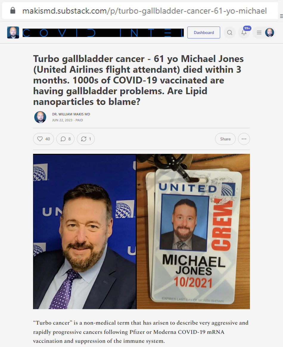 NEW ARTICLE: Turbo gallbladder cancer - 61 yo Michael Jones (United Airlines flight attendant) died within 3 months. 

1000s of Pfizer & Moderna COVID-19 mRNA vaccinated people are having gallbladder problems

Are Lipid Nanoparticles to blame?

#DiedSuddenly #cdnpoli #ableg