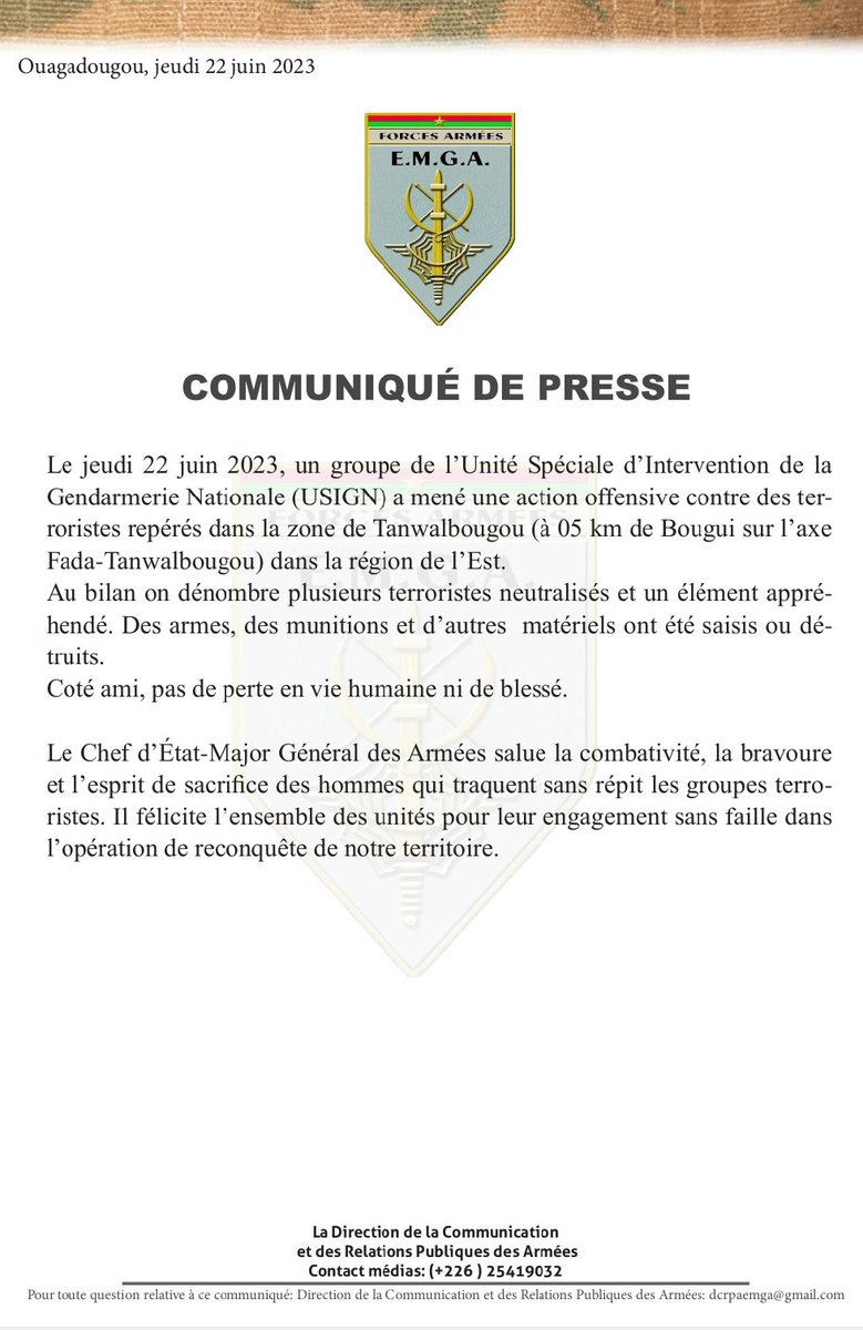 sigbf's tweet photo. COMMUNIQUÉ DE PRESSE

Le jeudi 22 juin 2023, un #USIGN a mené une action offensive contre des terroristes repérés dans la zone de #Tanwalbougou  dans la région de l’Est.

Lire👇👇👇

https://t.co/GyRcFuuqZd https://t.co/LmQ9NJgxWd