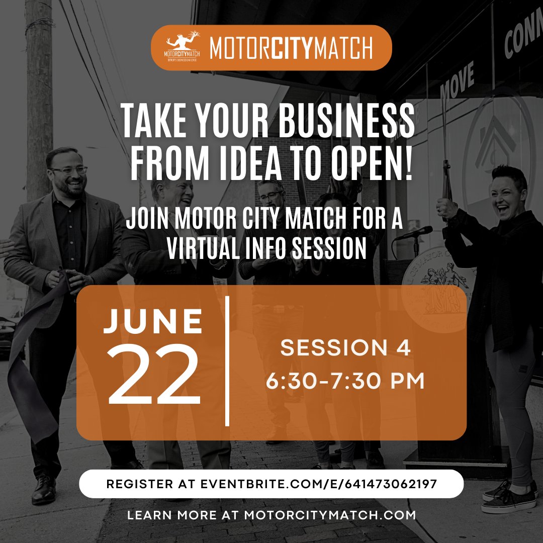 The FINAL virtual application info session for Round 24 of #MotorCityMatch is tonight, from 6:30-7:30 PM.

Register here 🔗 bit.ly/3MCQ7pq