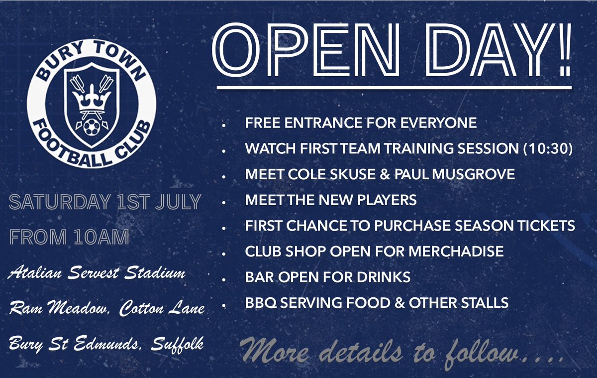 BuryTownFC's tweet photo. 🏠OPEN DAY - We will be holding a free Open Day on Saturday 1st July with an open training session for the First Team. There will also be a BBQ, bouncy castle, sweet stall and the first opportunity to purchase Season Tickets for the 2023-24 season. https://t.co/0zSdKGuGlb
