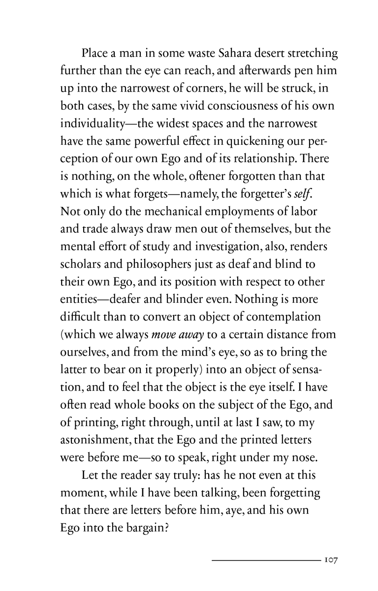 EmpyreanSeries's tweet image. A page from ‘Prefaces’ by Jean Paul, from ‘Siebenkäs’, tr. A. Ewing.

“I have often read whole books on the subject of the Ego, &amp;amp; of printing, right through [...]”

sublunaryeditions.com/products/prefa…