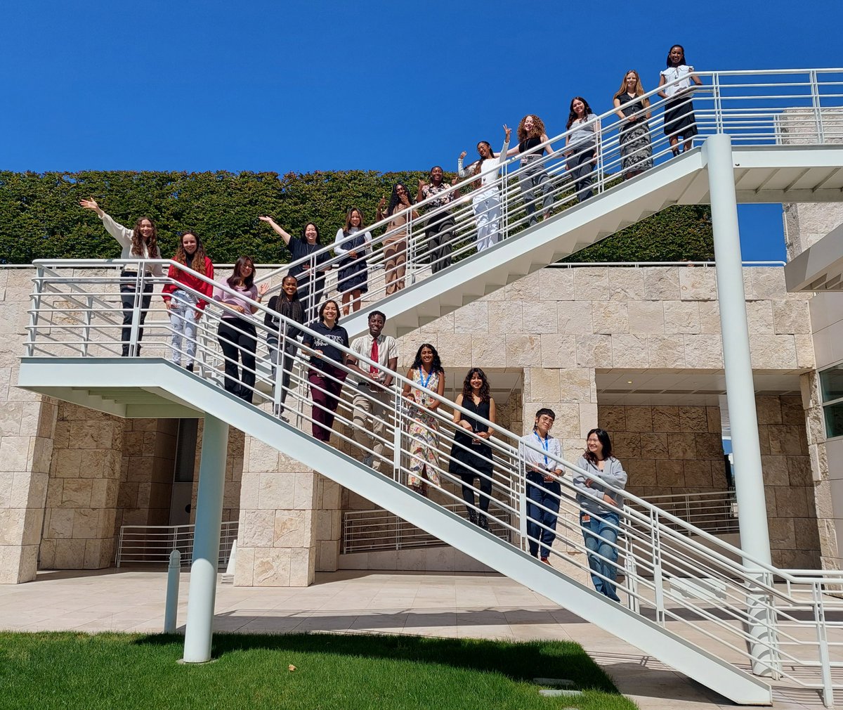GettyFoundation's tweet photo. Say hello to the 2023 class of #GettyMarrow Undergraduate Interns! This week we welcomed 21 interns working in departments across the Getty Center &amp; Villa with a tour of Getty’s most photogenic spots. We’re looking forward to an exciting 10 weeks! https://t.co/YaXGQ7dIri