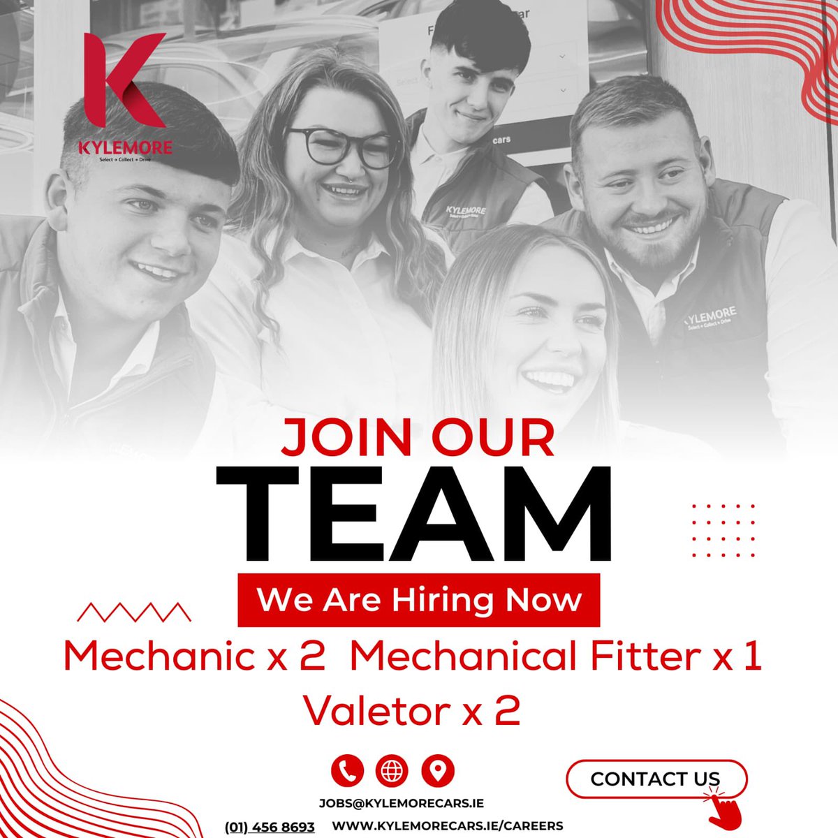 Are you interested in joining our team?

As we continue to expand our operations we currently have opportunities available for the following roles;

Mechanic *2
Valetor * 2
Mechanical Fitter * 1

Experience required, please email your cv to jobs@kylemorecars.ie #JOBALERT