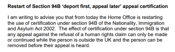 mckinneytweets's tweet photo. Home Office restarts "deport first, appeal later" scheme, which had been suspended since a Supreme Court judgment in 2017 https://t.co/ndsdJndm9q https://t.co/KPtlG1glBR