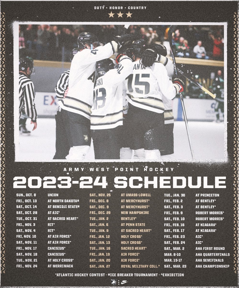 ArmyWP_Hockey's tweet photo. IT'S HERE 🙌🗓️

A look at our full 2023-24 schedule featuring a trip to the Ice Breaker Tournament, four service academy matchups and RMC returning to West Point!

https://t.co/YkuQwIL6Bb

#GoArmy https://t.co/F2ItudHAgz