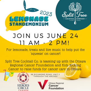 ♻️Ottawa — Please RT

Split Tree Cocktail Co. is teaming up with the Ottawa Regional Cancer Foundation and Kids Kicking Cancer to raise funds for cancer care in Ottawa. 

📅 June 24
⌚ 11 am - 2pm 
📍 98 Richmond Rd Unit J

Come down to #WestboroVillage and support a good cause!