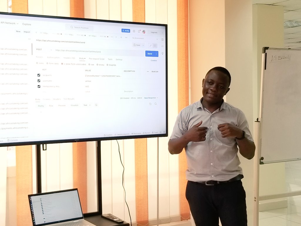 AsaLugada's tweet image. Mark a lead dev at @Africastalking taking us through Africa'sTalking APIs. It's a leading communication platform that offers a wide range of APIs and services to enable developers to integrate communication functionalities into their applications.
#ATDevsUG #WeLoveNerds
