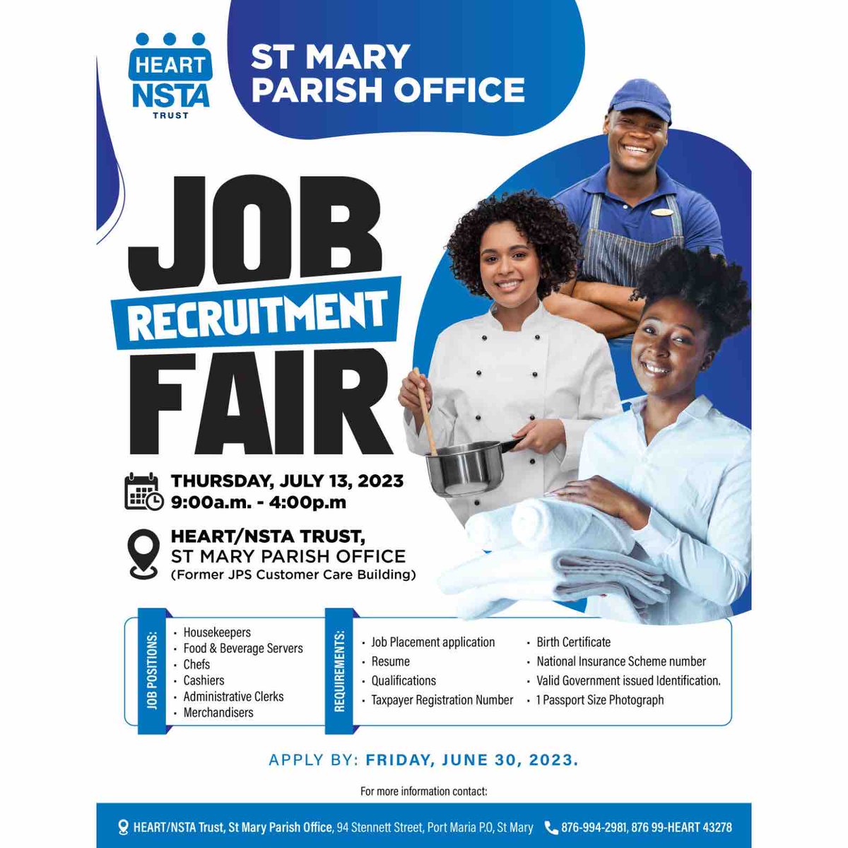 St Mary!!!

The HEART/NSTA Trust St. Mary Parish Office will be hosting a Job Recruitment Fair on Thursday, July 13, 2023 at the St. Mary Parish Office beginning at 9 am. 

Please see the flyer for more details and apply today

Follow @careerjamaica for the latest jobs

#careerja