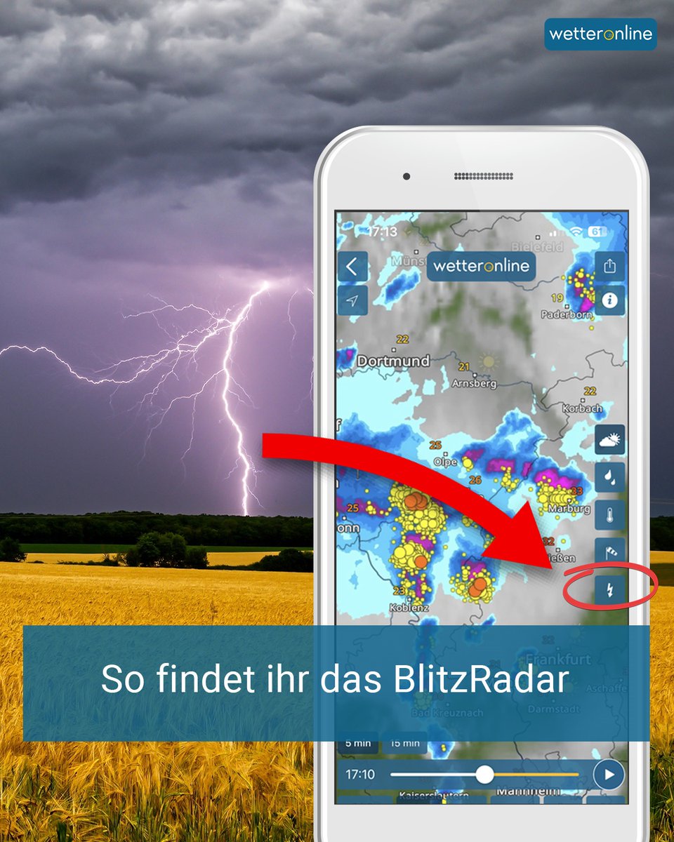 WetterOnline's tweet photo. Ihr fragt euch, wie ihr das BlitzRadar findet? Öffnet dazu in der WetterOnline App das WetterRadar und tippt auf den kleinen Blitz. 

#Gewitter #BlitzRadar #Unwetter #Liveblitze https://t.co/fAWEkShElD