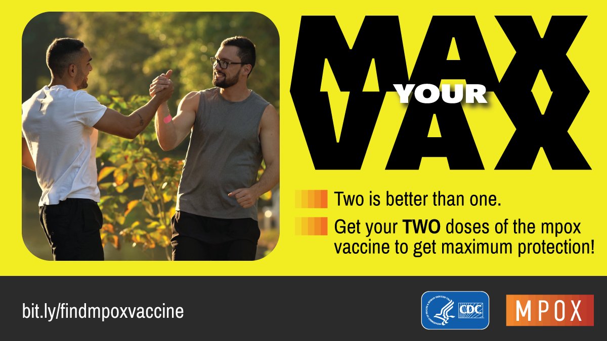 Got your mpox vaccine? 1 dose is a good start, but 2 doses offer better protection against mpox. Get maximum protection by getting your second dose as soon as you can.
Find a vaccine: bit.ly/3K0dIjG

#Pride #NYCPride #SeattlePride #DenverPride #HoustonPride #SFPRIDE53