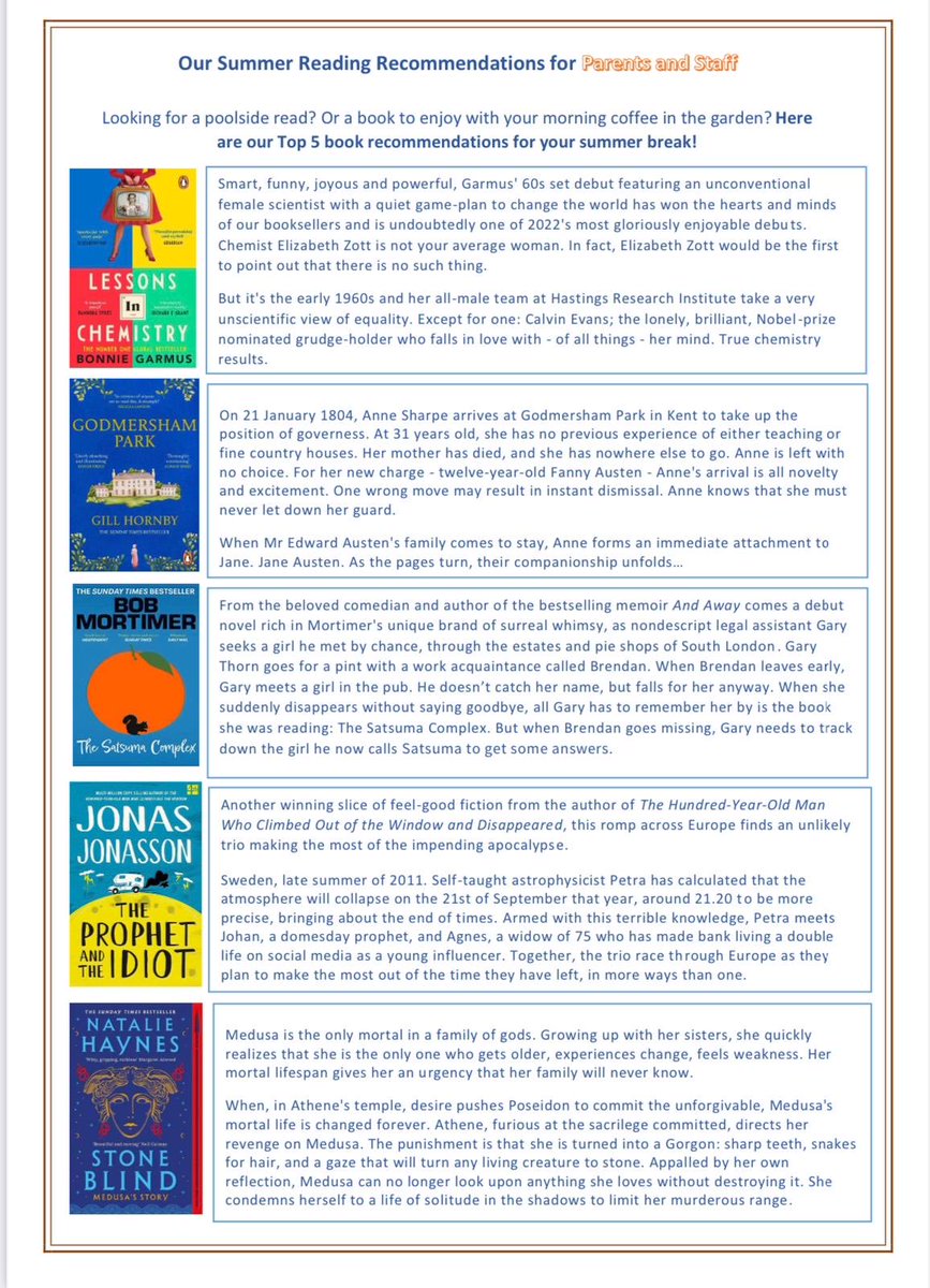 As the summer holidays approach we have pulled together our top summer read for staff and parents! It’s time to sit back, switch off and enjoy a good book 😎🌞 #readingschool #readingforpleasure