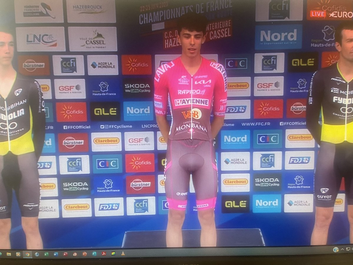 LoicDrouard's tweet photo. Un moment incroyable pour Mathias Ribeiro Da Cruz  Champion de France amateur du contre-la-montre avec la Team Mayenne V&amp;B Monbana félicitations à tous et à Laval Cyclisme53  la Mayenne au top 👍🍾🚲 bravo https://t.co/o7wj9nKohZ