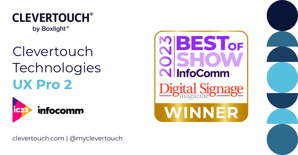 We are proud to announce that we have received a massive 5 awards at this year's #InfoComm including our UX Pro 2 which received a @DigiSignMag winners award
bit.ly/3qQ2oQa
#infocomm23 #infocomm2023 #avtweeps #awards #boxlight #myclevertouch #clevertouch $boxl