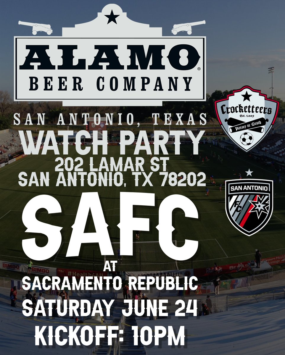 Crocketteers's tweet photo. This Saturday 6/24 join us at our home away from home @alamobeerhallsa for a @sanantoniofc watch party. Late kick off at 10PM, but come hang with us earlier. #WeLoveOurFutbolClub #ThisIsSA #HomeOfChampions #do210 #WhatToDoInSATX https://t.co/aOg3GTC8ro