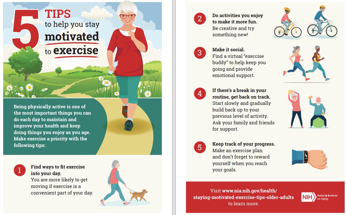 @NIHAging Summertime! We want to share some encouraging advice 🏋️‍♀️💪 Boost your motivation to exercise with these 5 tips shown in the infographic for helpful insights. 📊🌟 Check out #NIAHealth to connect with like-minded individuals. 💪🌈💥 #ExerciseMotivation #StayActive