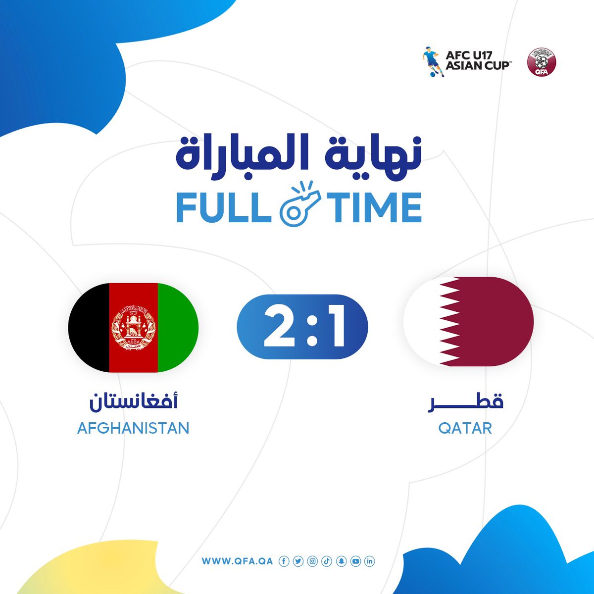 QFA's tweet photo. 📢 نهاية المباراة

قطر (1) : (2) أفغانستان  

بطولة كأس آسيا تحت 17 سنة - تايلاند 2023

#العنابي https://t.co/2GbPu2DMoj