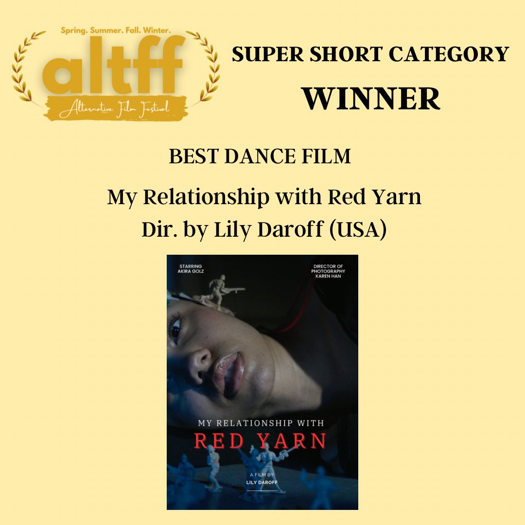 SUPER SHORT CATEGORY Best Dance Film: My Relationship with Red Yarn - Dir. by Lily Daroff (USA)

#alternativefilmfestival #altff #summer2023
•
•
•
•
•#filmfestival #filmawards #filmcommunity #filmmakers #filmfreeway #filmfestivals #torontofilms #torontofestivals #imdb
