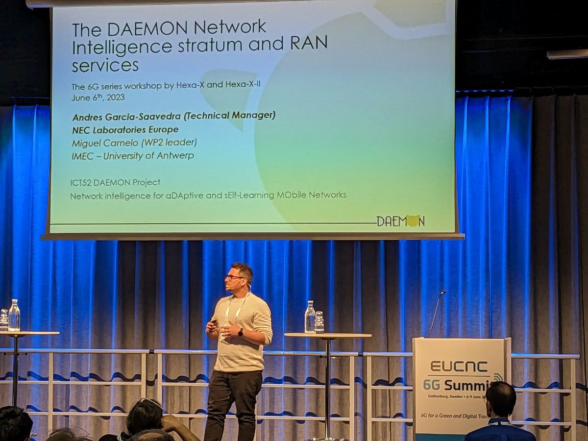 h2020daemon's tweet photo. NEW @h2020daemon presentation of our member Andrés Garcia-Saavedra in the European Conference on Networks and Communications #EUCNC 23 in Gothenburg #h2020daemon #H2020 @EU_H2020 @5GPPP https://t.co/0ZrotLTqcr