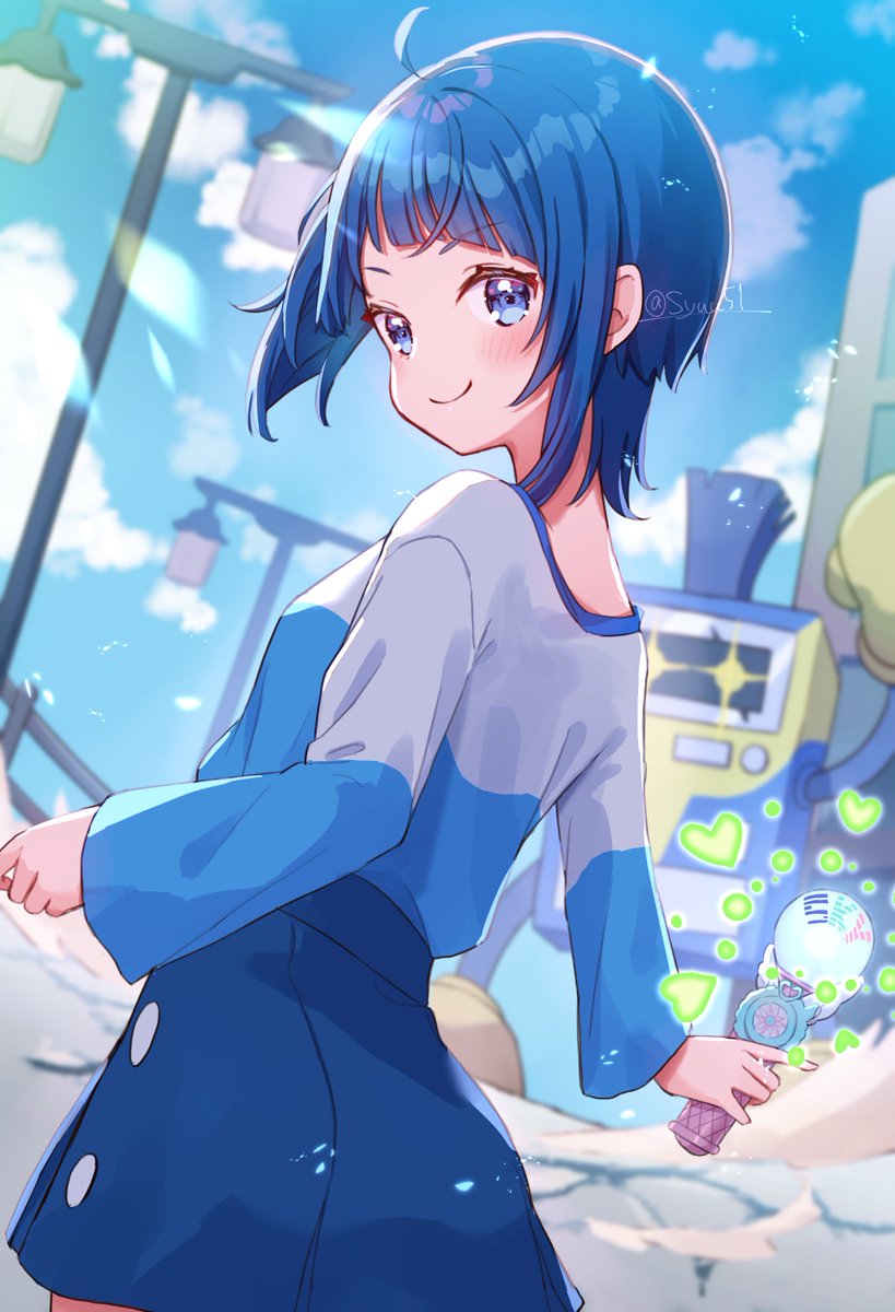 1girl blue hair blue eyes smile skirt solo looking at viewer  illustration images