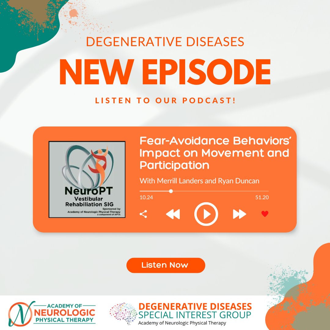 APTANeuroPT's tweet photo. In this episode, we talk with Dr. Merrill Landers and Dr. Ryan Duncan about their presentation at APTA’s CSM 2023, entitled “Mind Over Movement: Fear-Avoidance Behaviors Impacting Movement and Participation in Parkinson’s Disease.”
https://t.co/ZvDazrhH54
#DDSIG #APTANeuroPT https://t.co/85MJo4wWB7