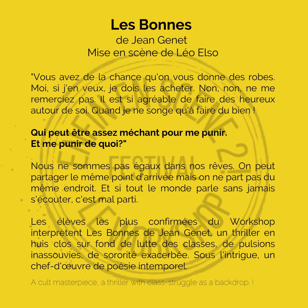 Vous le savez déjà sûrement, le festival Enfin en Scène! revient pour une deuxième saison !🎉
Cette année, retrouvez l’incontournable Jean Genet qui sera à l’affiche avec sa pièce culte, Les Bonnes, mis en scène par <a href="/LeoElso/">Léø Elso</a> 

Réservez ici: ticketsource.co.uk/enfinenscene2f….