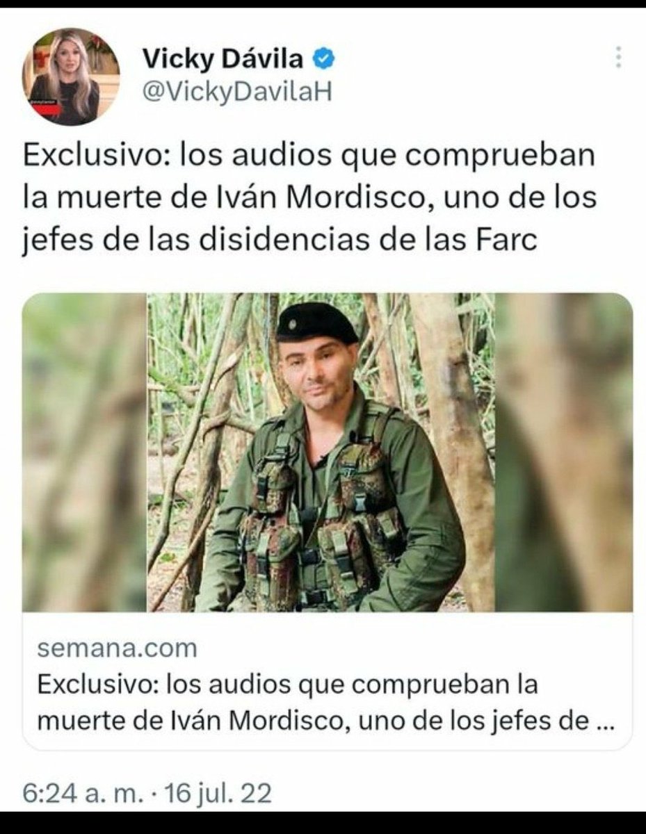 ElizbethCristi7's tweet photo. Hola. ¿Ya Vicky Dávila salió a pedir disculpas por engañar a los colombianos por las supuestas pruebas que presentó de la muerte de Iván Mordisco? ¿Ya pidió disculpas por la vergonzosa entrevista a James Rodríguez y posterior publicación en que afirmaba cosas que James no había dicho? Esta "periodista" le hace mucho daño al país con sus falacias y amarillismo. #NoMasFakeNews