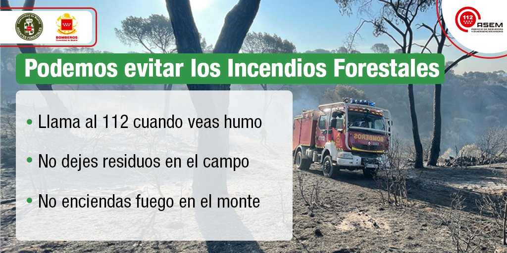 ➣ En tu mano está ayudarnos a que no haya incendios forestales.

➣ Ten cuidado cuando vayas al campo. No abandones ningún tipo de basura. 

➣ Y, si ves cualquier indicio de fuego, llama a #Madrid112, ponte a salvo y espera la llegada de los servicios de Emergencia.

#ASEM112