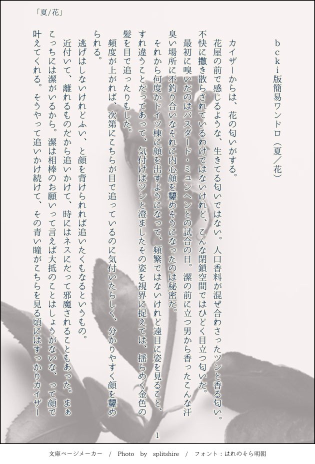 Mai_write's tweet photo. #bcki版簡易ワンライ  #bcki  #蜂カイ

めっちゃ未来捏造じゃ〜〜〜ん！となりました。深く考えないで…………
ちょっと諸事情でbcki練習です。

身内で行った簡易ワンライお題は「夏/花」でした。 https://t.co/4G21dafx85