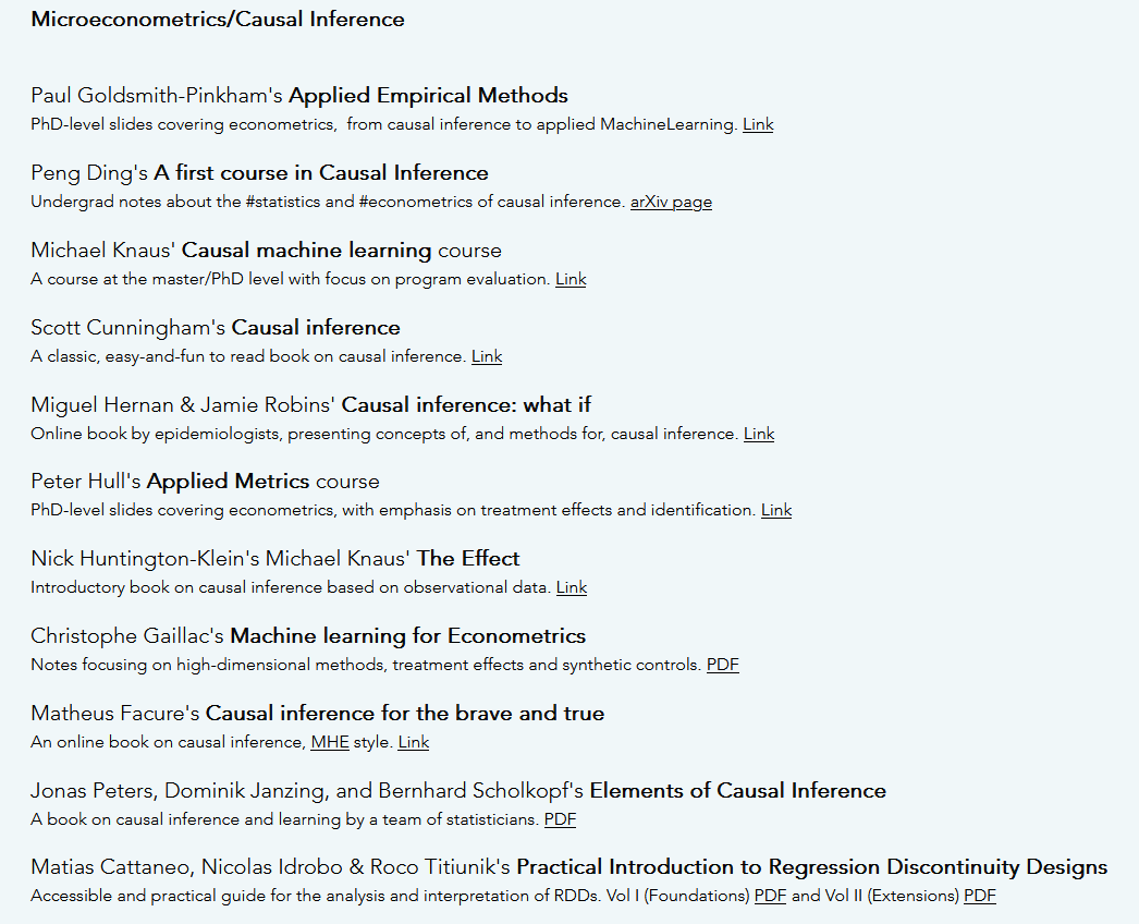 Hi #EconTwitter!

My compilation of #Econometrics-related books &amp; notes is now live! 

Explore if you need:

General Econometrics 📊
Time Series Analysis ⏰
Causal Inference 🔍
Financial Econometrics 💰
Stats, Prob &amp; Machine Learning 🧠
Coding 💻

Comments/suggestions welcome!