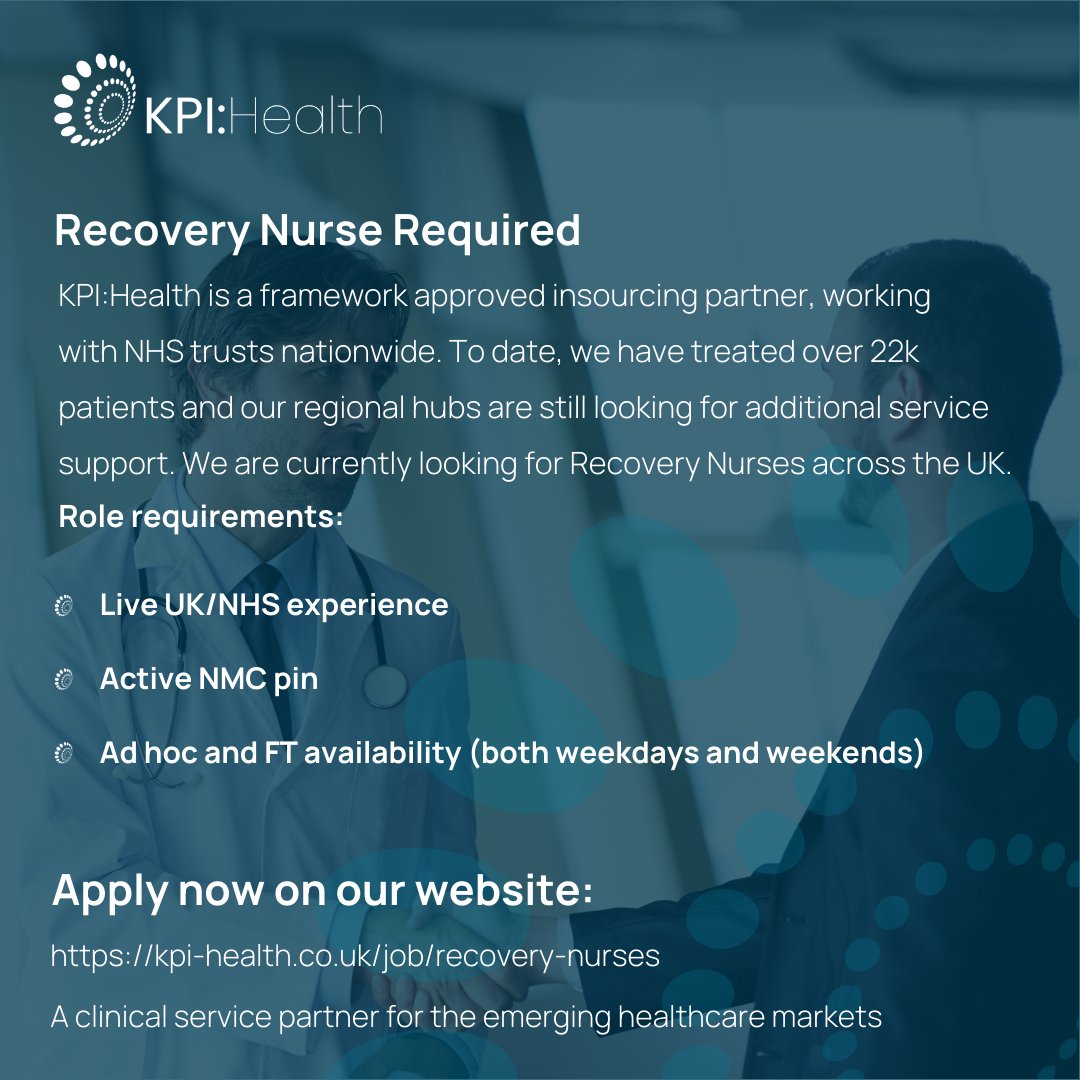 KPI Health (@kpihealth) on Twitter photo KPI:Health are now seeking discussions with Recovery Nurses (Outside IR35)
Job Location: Nationwide
Salary: £500
💻 kpi-health.co.uk/job/recovery-n…
✉️ Jack.smith@kpi-health.co.uk
#healthcare #recruitment #jobposting #recoverynurses #nurses KPI:Health are now seeking discussions with Recovery Nurses (Outside IR35)
Job Location: Nationwide
Salary: £500
💻 kpi-health.co.uk/job/recovery-n…
✉️ Jack.smith@kpi-health.co.uk
#healthcare #recruitment #jobposting #recoverynurses #nurses