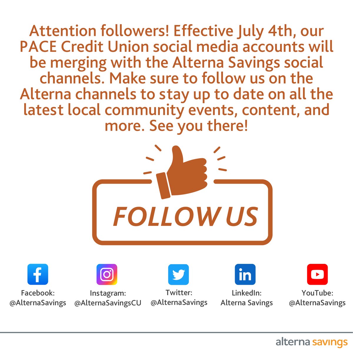 PACECU's tweet photo. 📣 Exciting news for our followers! Effective July 4th, we're merging PACE's social media accounts and moving to the @AlternaSavings channels. Please follow us to ensure you receive special offers, the latest updates, and invitations to our exclusive events. https://t.co/YQ4oJMo6Lh