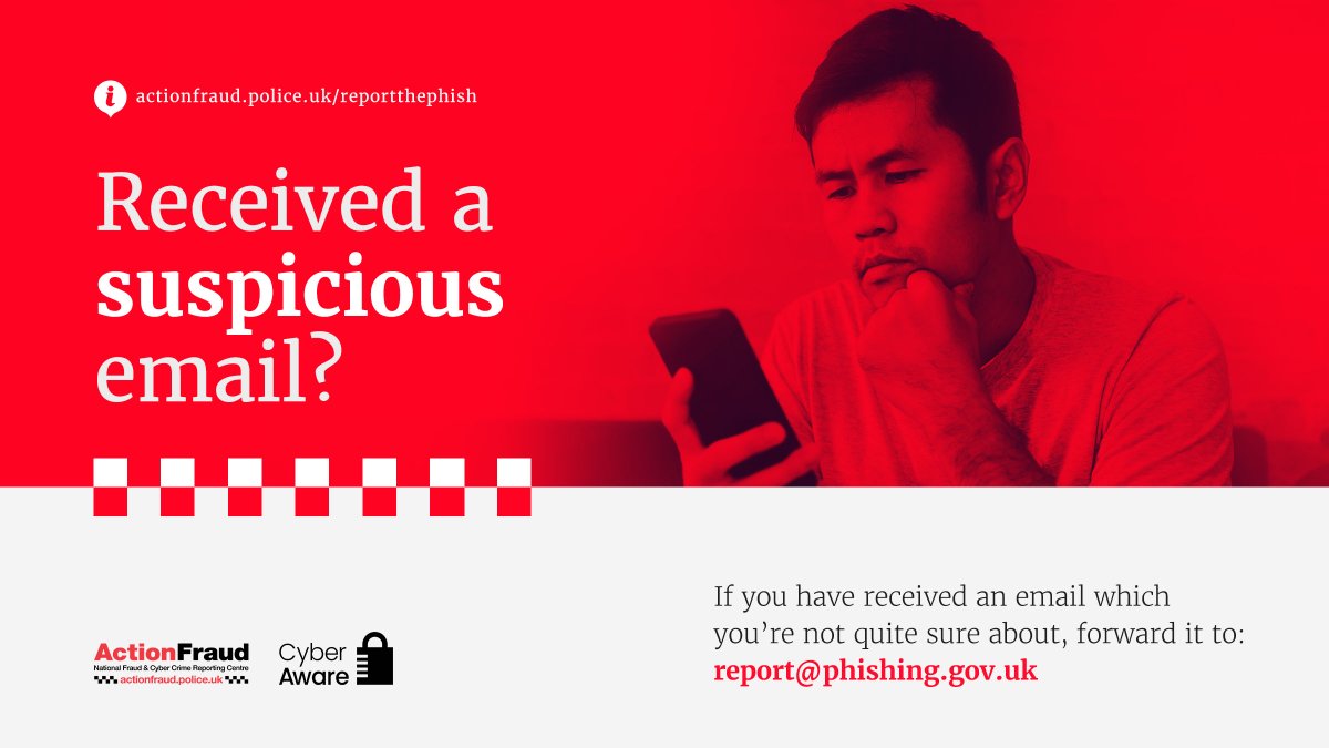 🚨 Received an email you’re not quite sure about? 

Maybe it's urging you to follow a link in order to avoid your account being suspended?

✅If you think it's suspicious, report it by forwarding the email to: report@phishing.gov.uk

#ReportThePhish
