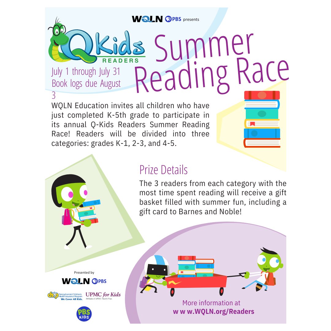 Get ready for the #WQLN Summer Reading Race! K-5th graders can track their reading from July 1 - August 3! 
Download your log for a fun way to challenge yourself this summer! 📚 wqln.org/q-kids-readers

Fill out the form for a log to be mailed ✉️: forms.gle/MCGxtwQk8KbT11…