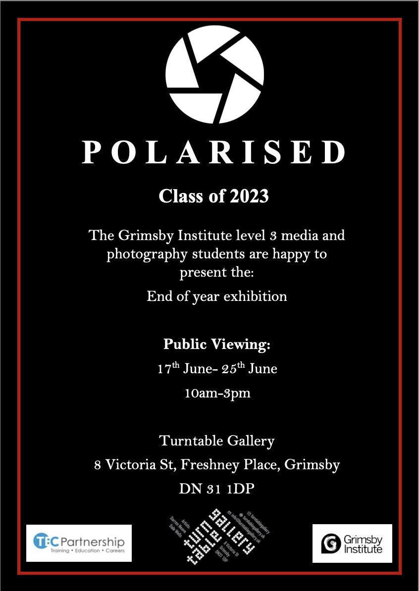 Photography and Media Exhibition!
Our Level 3, Year 2 #Photography and #Media students invite you to visit an exhibition of their work in their end of year exhibition. 

From 17th - 25th June
Held at the Turntable Gallery  
Freshney Place
Grimsby