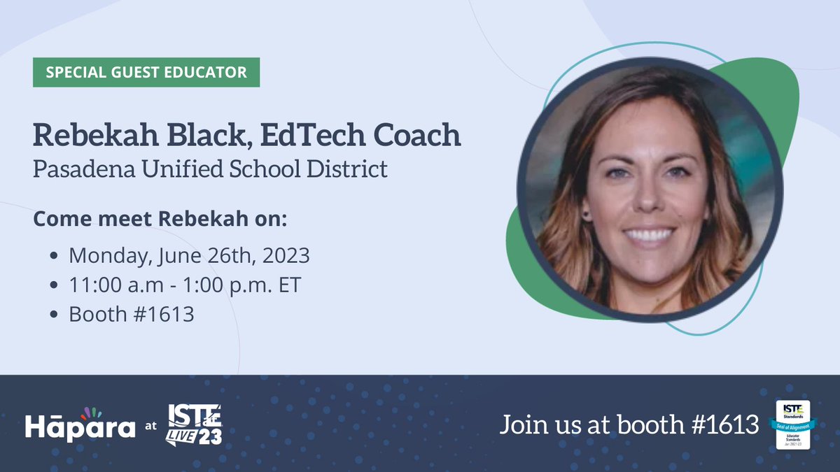 Interested in hearing directly from a Hāpara customer about their experience?

📍At #ISTELive23, stop by booth 1613 to meet Rebekah Black, EdTech Coach from Pasadena Unified School District in California.

🗓 Monday the 26th from 11 a.m. - 1 p.m.

#HāparaISTE