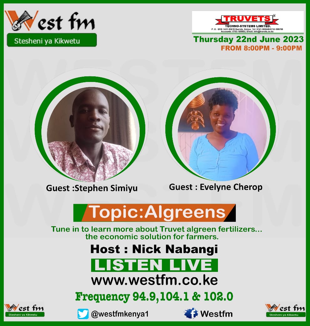 nabanginick1's tweet photo. Kilimo ni kujipanga
Fahamu unavyoweza pata mazao tosha Kwa hisani ya bidhaa za Truvets Ltd
When: West Fm 94.9 Fm Western Kenya , 104.1Fm North Rift, 89.0 Fm Kakamega, 102.0 Fm Busia
On West Fm Thursday 22nd June at 8PM
#Algreens
@truvets @WestFmKenyaa
@robertilukol https://t.co/Rd0tcINskD