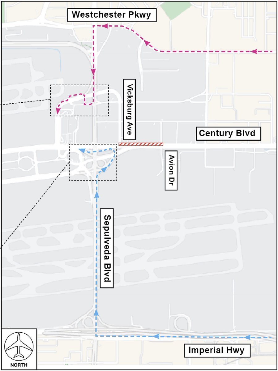 flyLAXairport's tweet photo. Traffic Alert: Today, westbound Century Blvd. will be closed between Avion Dr. &amp; Vicksburg Ave., from approx. 3- 6PM. Eastbound Century Blvd. will be open. Detours to access the airport are show on the map, but please give yourself extra time as traffic could be impacted. https://t.co/ZHeFB18ibe