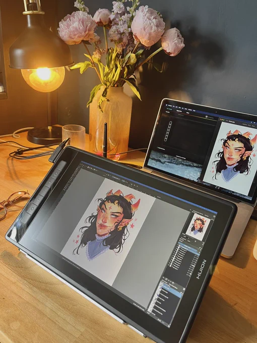 My Huion workspace!  just posted a review of the Kamvas Pro 13 on the ol' Insta cause I'maprofessional   Feel free to check it out   #huion #kamvaspro13