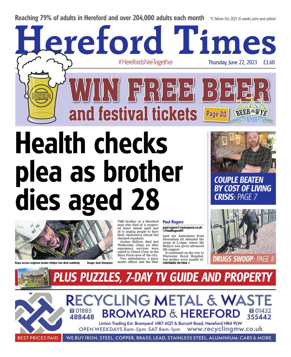 This week's Hereford Times front page. Get a copy, sit down with a cuppa, and find out what's going on in your community. Seven-day TV listings and a new property section too!
📱 Get a free weekly email newsletter from me here: herefordtimes.com/newsletters/ne…