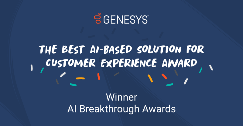 Genesys's tweet photo. Genesys has won the @AI_Breakthrough award for our best-in-class AI-based solution for #CX!

With bot flows, predictive engagement and routing, and much more, see why Genesys' #AI capabilities are worth the recognition ⭐